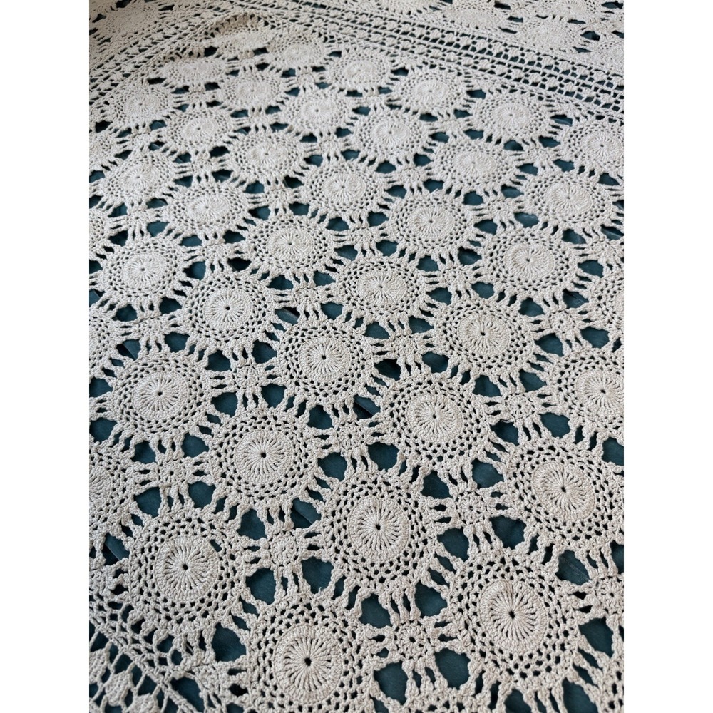 Vintage Handmade Crochet Tablecloth 67x54 Ivory Lace Medallion Scalloped Edge